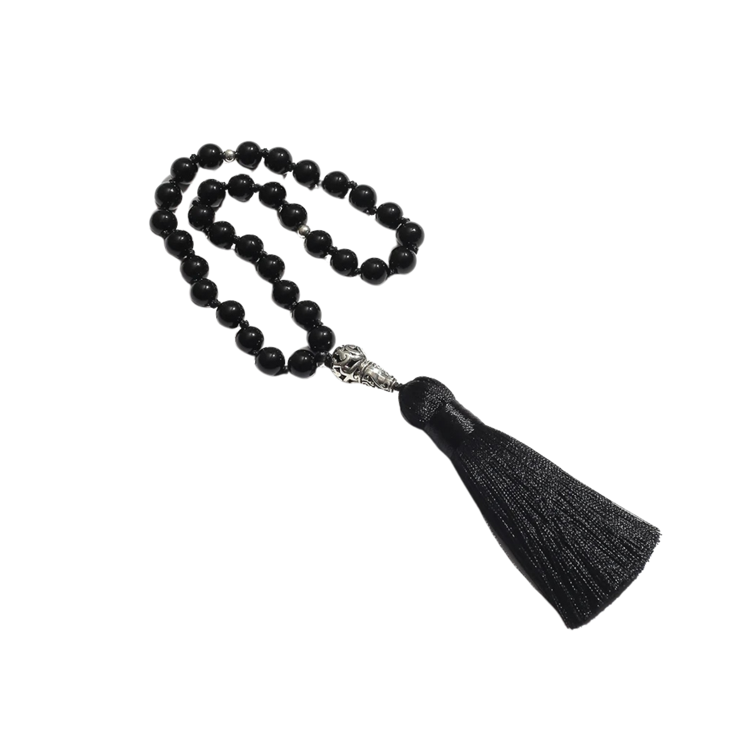 Black onyx beaded prayer beads with a tassel