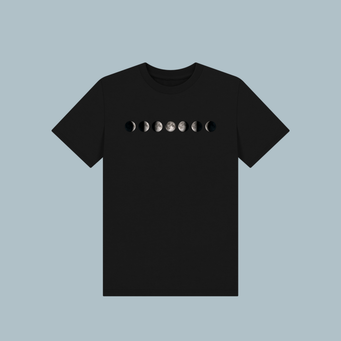 Kids' organic cotton T-shirt in black, featuring a stylish moon phases design, soft, eco-friendly, and perfect for Ramadan and everyday wear.