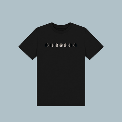 Kids' organic cotton T-shirt in black, featuring a stylish moon phases design, soft, eco-friendly, and perfect for Ramadan and everyday wear.
