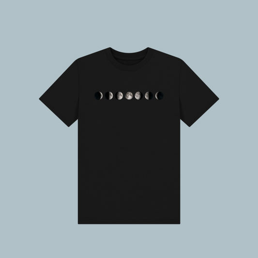 Kids' organic cotton T-shirt in black, featuring a stylish moon phases design, soft, eco-friendly, and perfect for Ramadan and everyday wear.