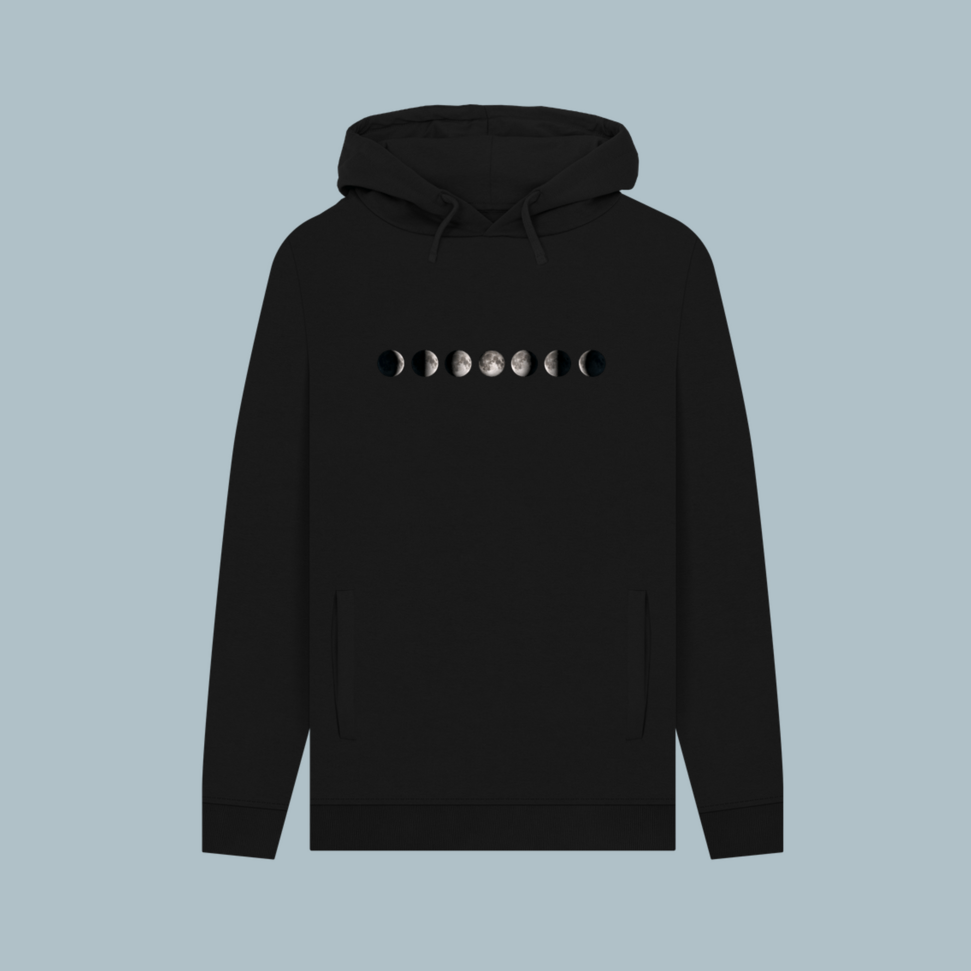 Black hoodie with moon phase design on a light blue background