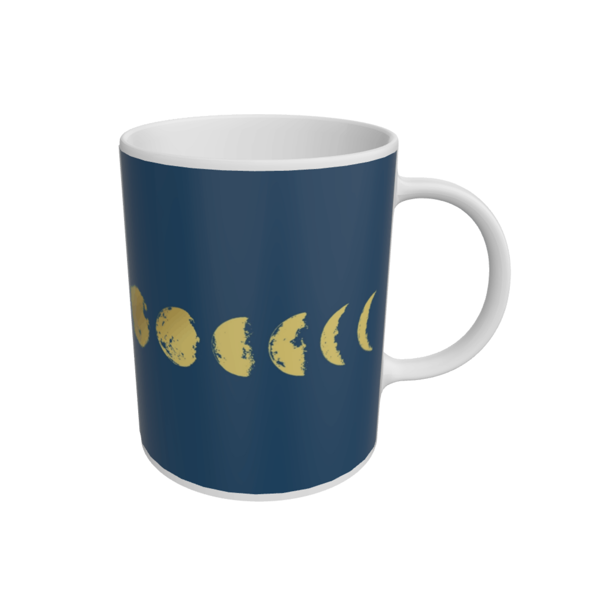 Mug with gold moon phases on a navy background