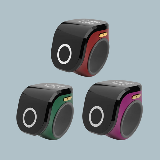 Smart Tasbih Tally Digital Counter Ring in Burgundy, Emerald, and Purple shown together