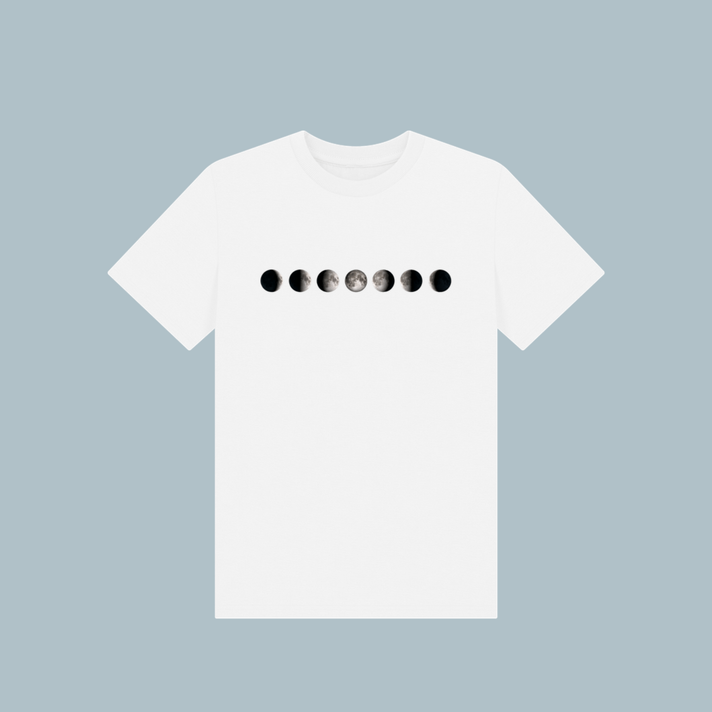 Kids' organic cotton T-shirt in white, featuring a stylish moon phases design, soft, eco-friendly, and perfect for Ramadan and everyday wear.
