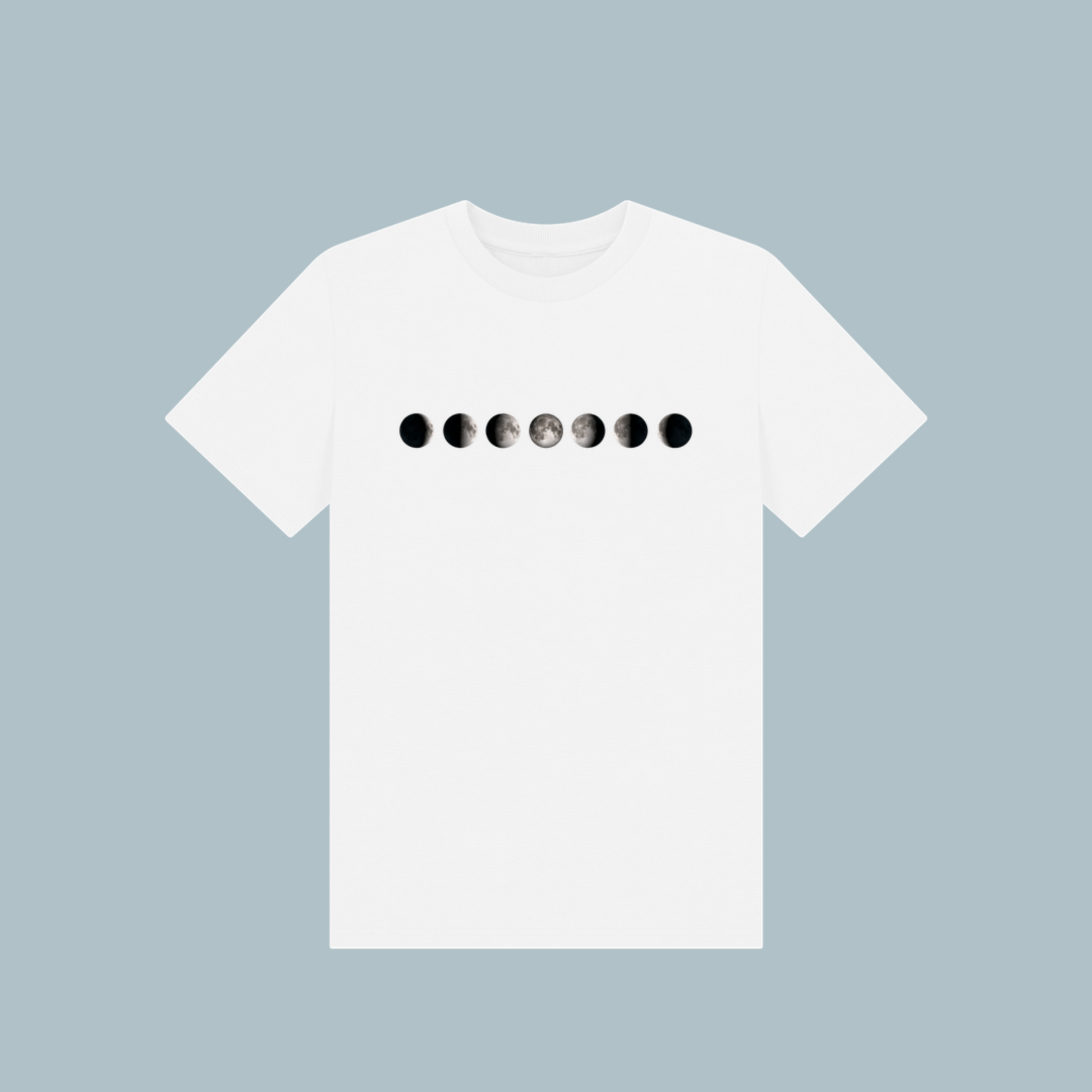 Kids' organic cotton T-shirt in white, featuring a stylish moon phases design, soft, eco-friendly, and perfect for Ramadan and everyday wear.