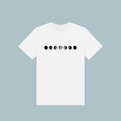 Kids' organic cotton T-shirt in white, featuring a stylish moon phases design, soft, eco-friendly, and perfect for Ramadan and everyday wear.