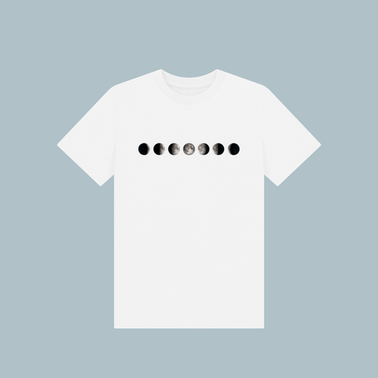 Kids' organic cotton T-shirt in white, featuring a stylish moon phases design, soft, eco-friendly, and perfect for Ramadan and everyday wear.