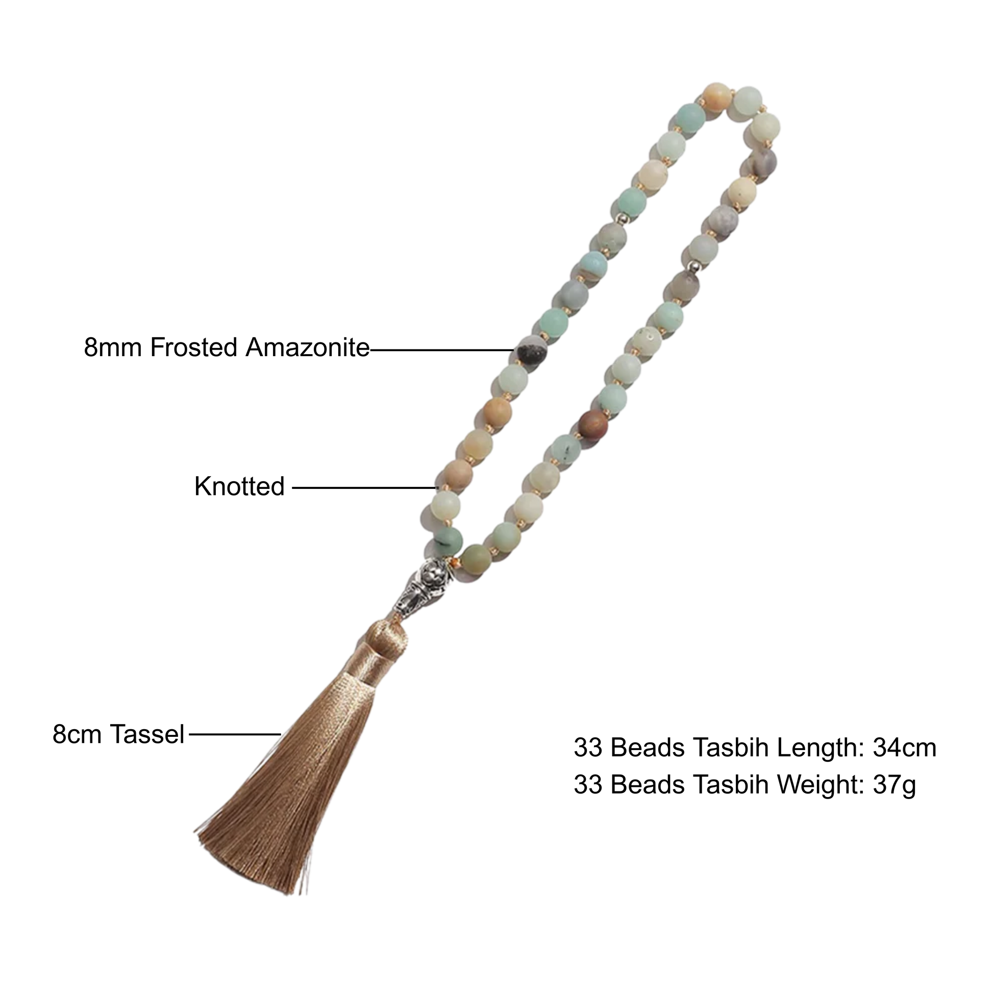 Labeled Amazonite tasbih showing size, length, and weight