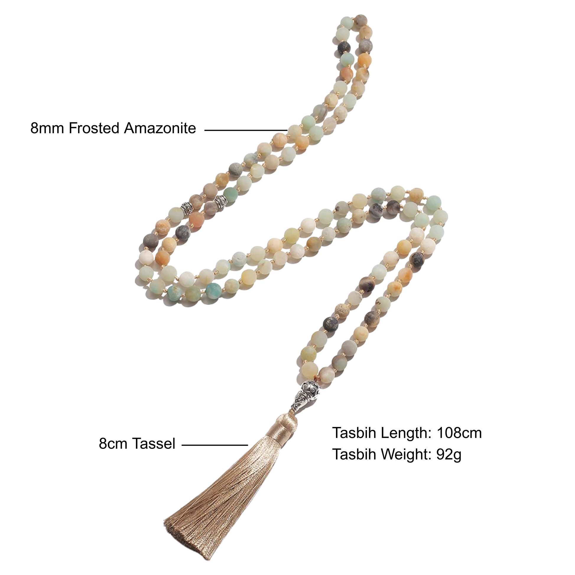Labeled 99-bead Amazonite tasbih with specifications