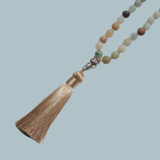 Hand-knotted Amazonite tasbih showing tassel and partial bead strand