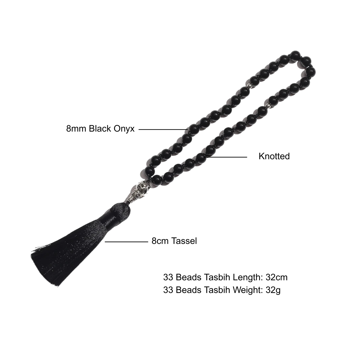 Black onyx tasbih with tassel with size and weight 