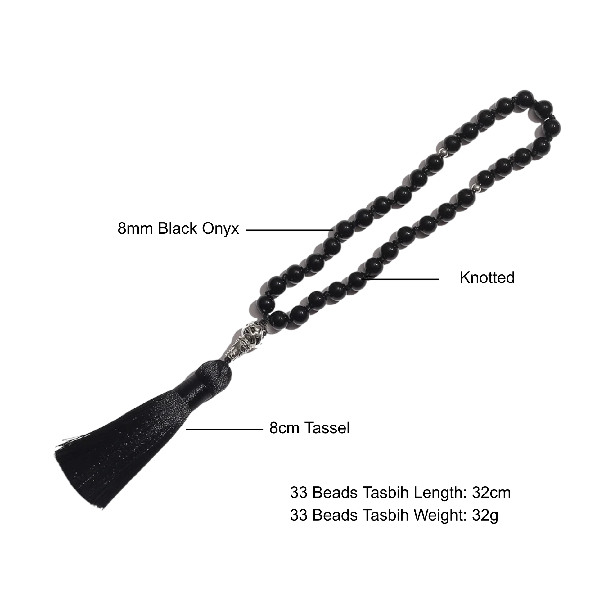 Black onyx tasbih with tassel with size and weight 