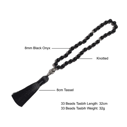 Black onyx tasbih with tassel with size and weight 