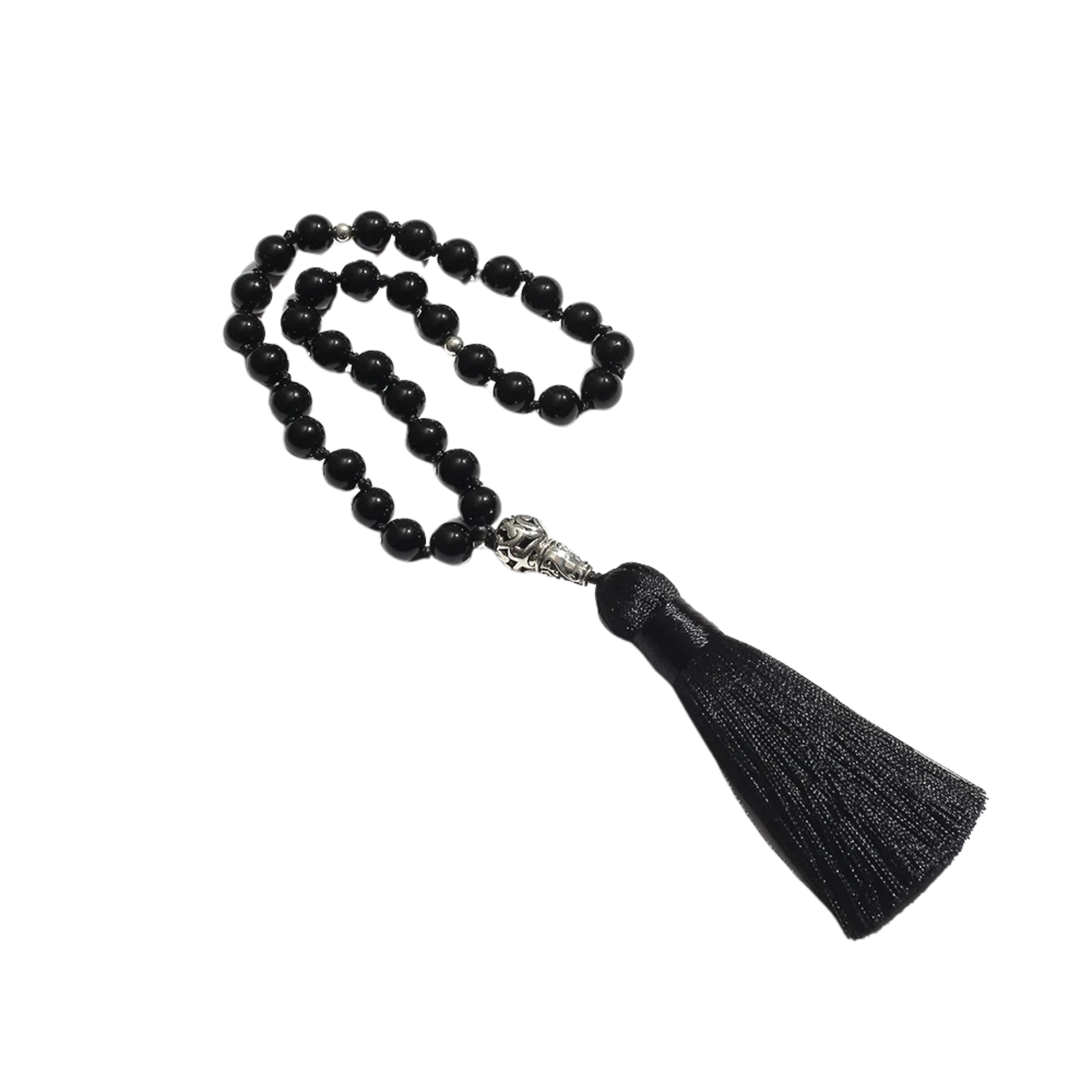Black onyx beaded prayer beads with a tassel 