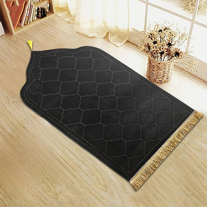 Black travel prayer rug shown flat
