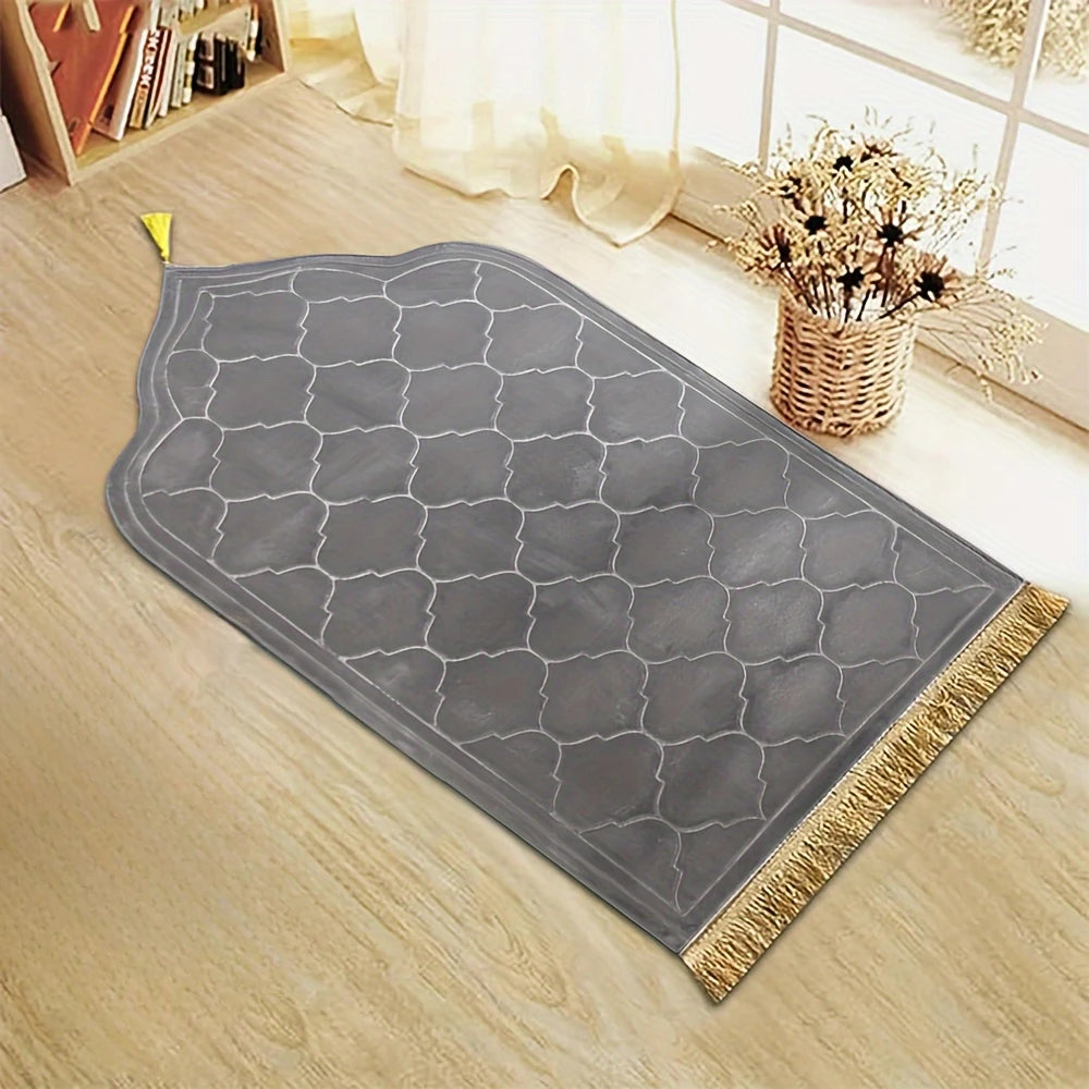 Grey travel prayer rug shown flat