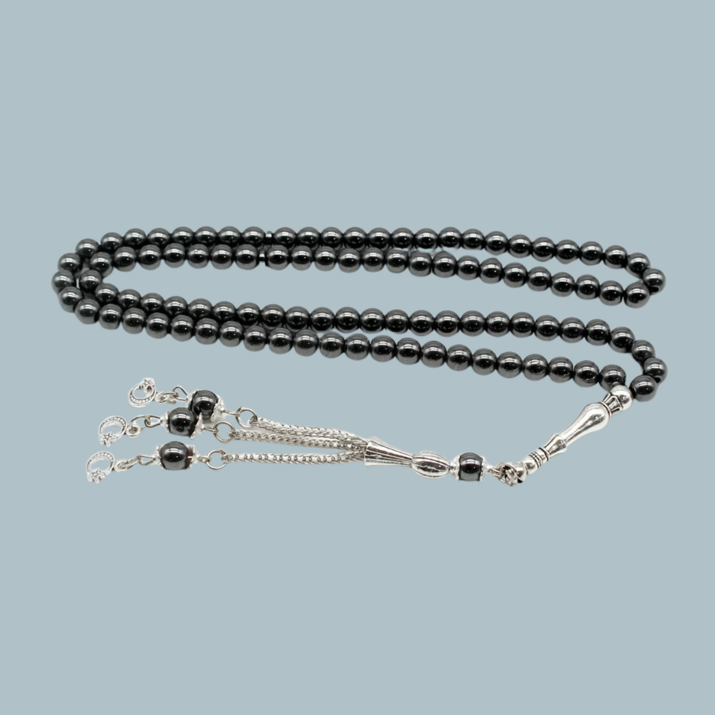 Alternate view of 99-bead Hematite tasbih highlighting glossy beads