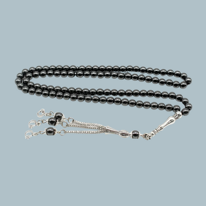 Alternate view of 99-bead Hematite tasbih highlighting glossy beads