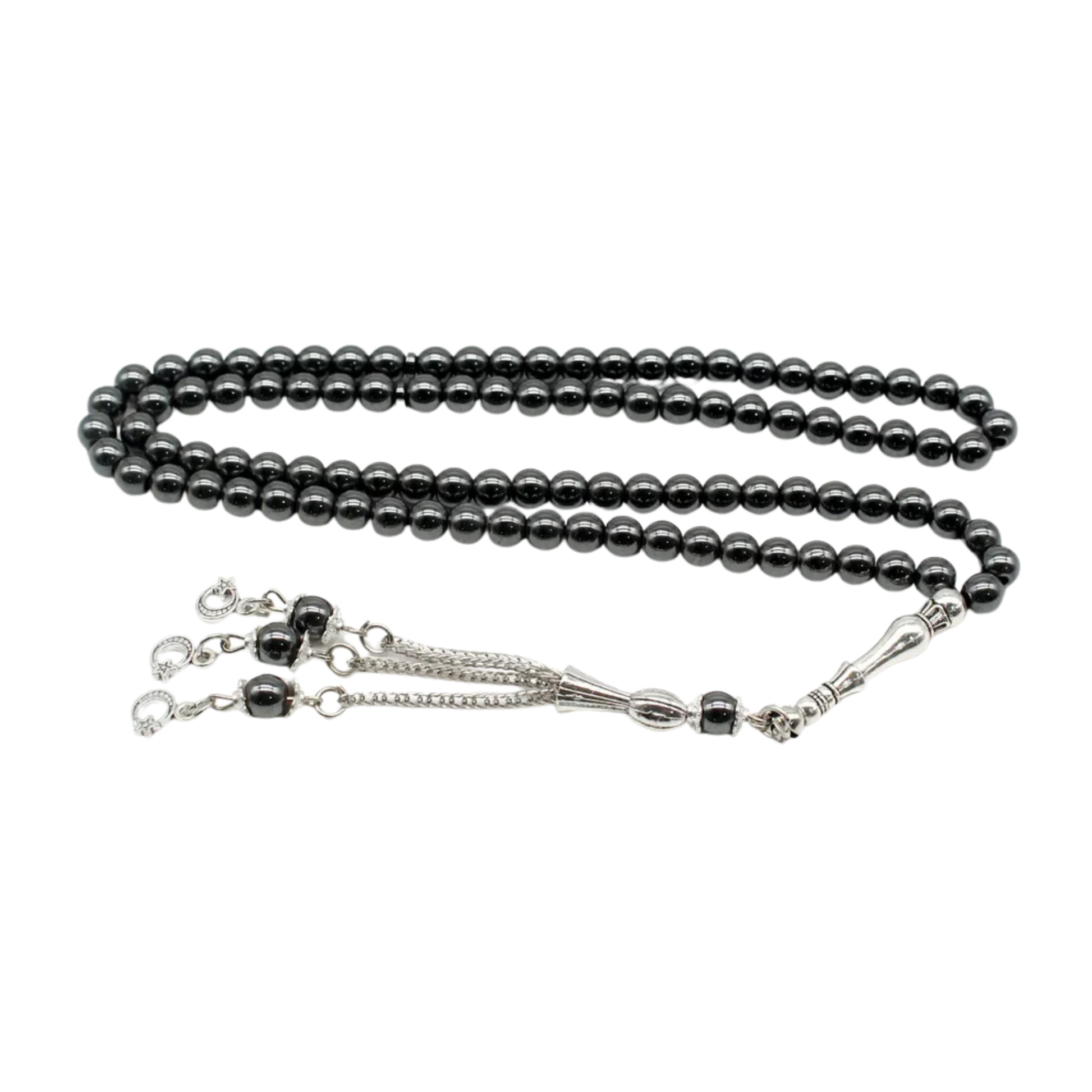 Hematite 99-bead tasbih with metal tassel on transparent background