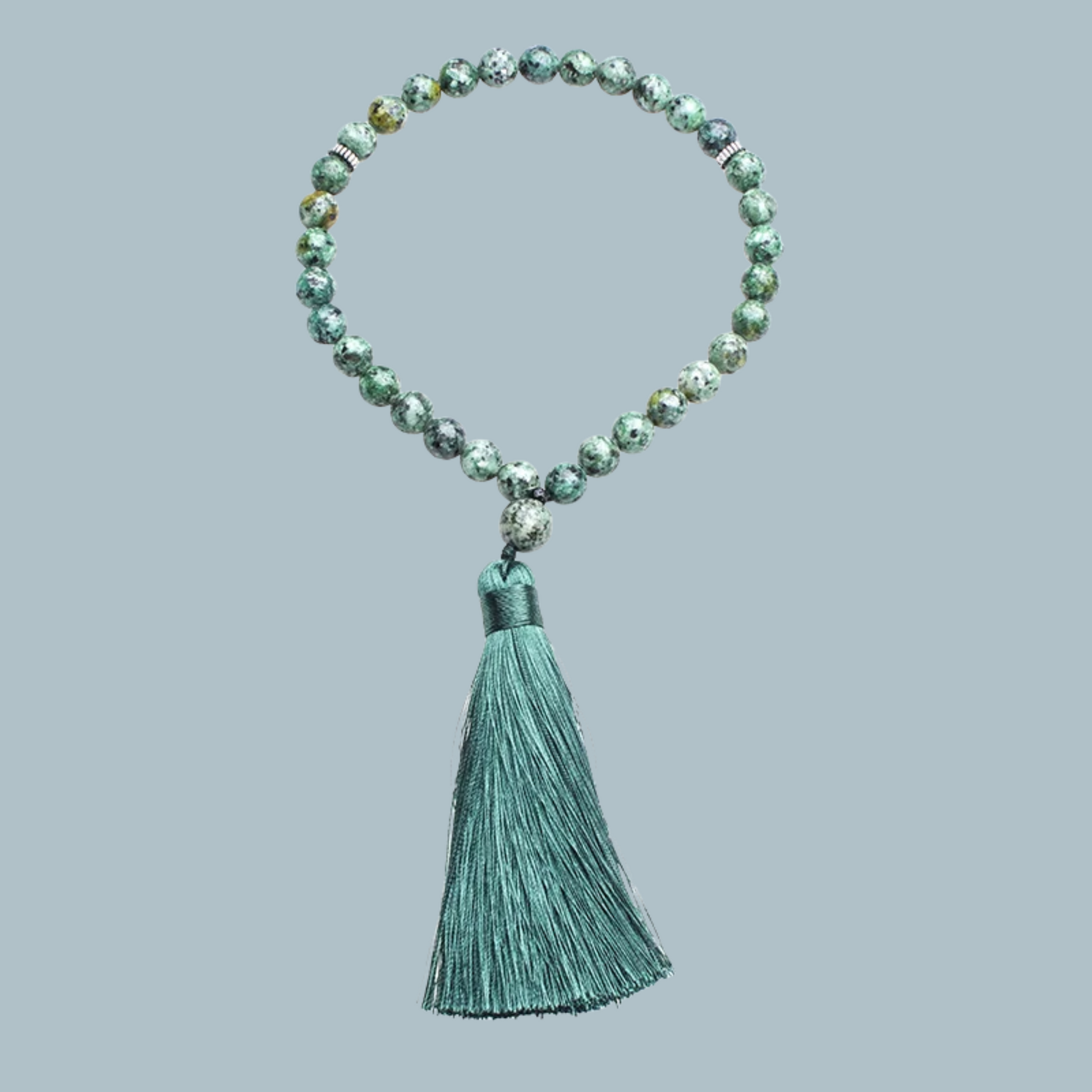 Alternate angle of 33-bead Green Jasper tasbih showing bead variation