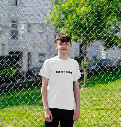 Kids' organic cotton T-shirt in white, featuring a stylish moon phases design, soft, eco-friendly, and perfect for Ramadan and everyday wear.