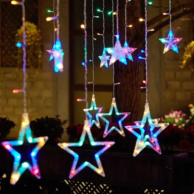 Colorful LED curtain lights with star-shaped designs, solar-powered for festive decor, perfect for celebrations like Ramadan, Eid, and special occasions.
