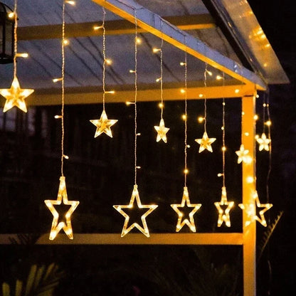 Warm-toned LED curtain lights with star-shaped designs, solar-powered for elegant and festive decor, perfect for Ramadan, Eid, and special celebrations.