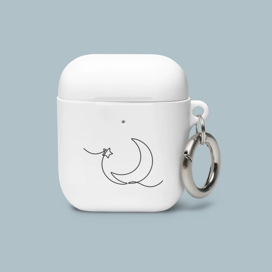 White airpods case with moon and star Lunar Blessings design on a light blue background