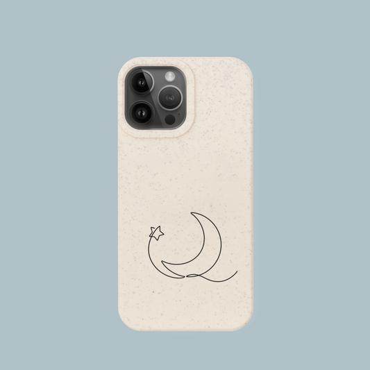 Phone case with a moon and star design on a light blue background