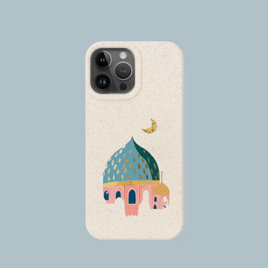 Phone case with a colorful Masjid design on a light blue background
