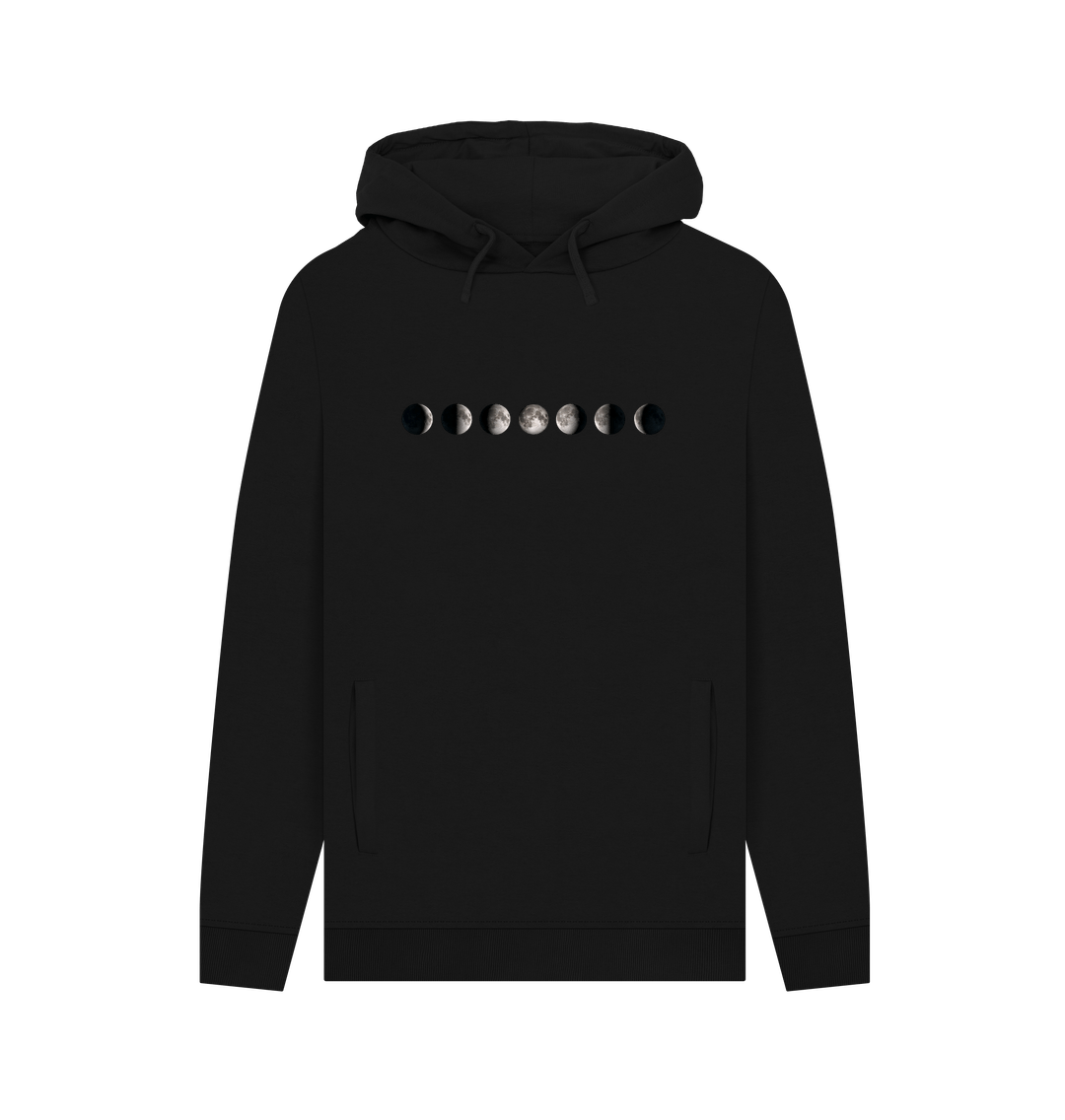 Men's organic pullover hoodie featuring a minimalist moon phases design, made from eco-friendly cotton for a soft and sustainable fit.