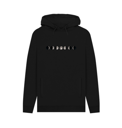 Men's organic pullover hoodie featuring a minimalist moon phases design, made from eco-friendly cotton for a soft and sustainable fit.