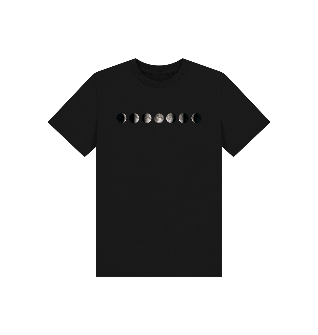 Black t-shirt with moon phase design on a white background