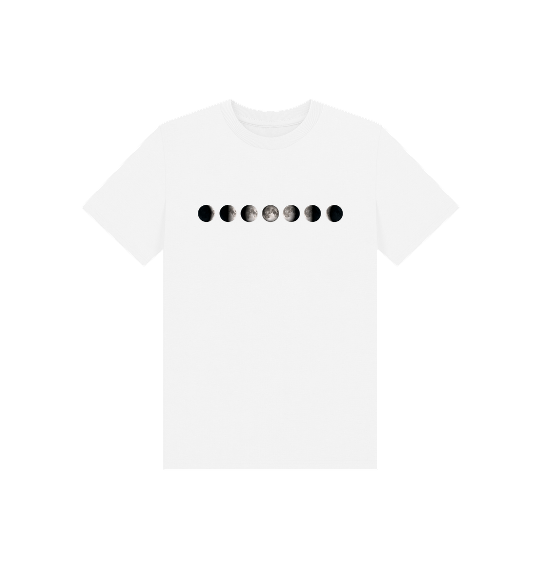 White t-shirt with black moon phase design on a white background