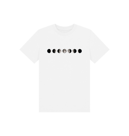White t-shirt with black moon phase design on a white background