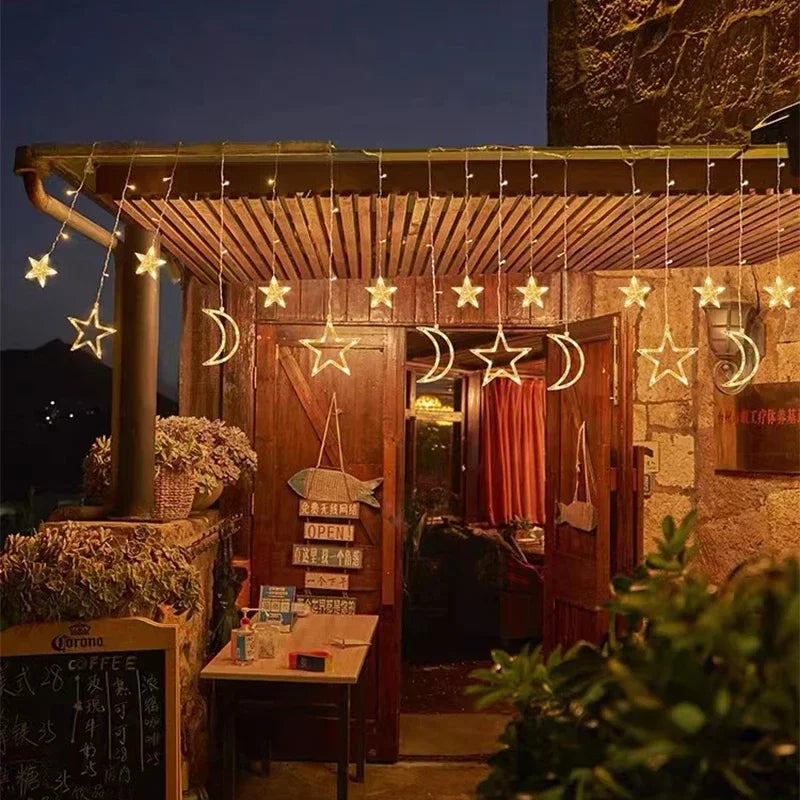Moon & Star LED Curtain Lights – Beautiful solar-powered garland featuring glowing crescent moons and stars, perfect for festive celebrations like Ramadan, Eid, and special occasions.