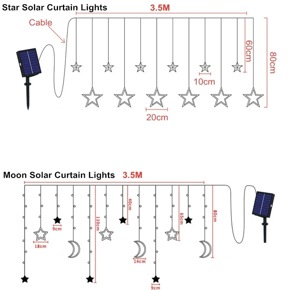 Moon & Star LED Curtain Lights – Festive solar-powered garland available in multiple size options, perfect for Ramadan, Eid, and holiday decorations.