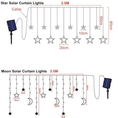 Moon & Star LED Curtain Lights – Festive solar-powered garland available in multiple size options, perfect for Ramadan, Eid, and holiday decorations.