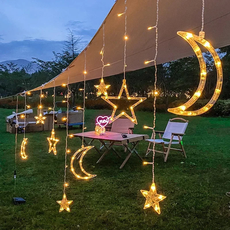 Moon & Star LED Curtain Lights – Beautiful solar-powered garland featuring glowing crescent moons and stars, perfect for festive celebrations like Ramadan, Eid, and special occasions.