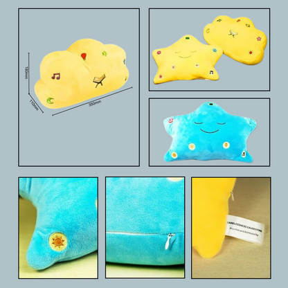 Collage of plush pillows including a yellow cloud, star, and blue star with measurements and details.