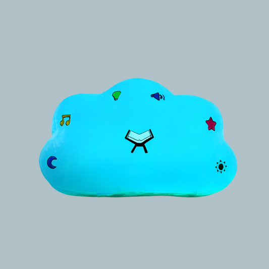 Blue cloud-shaped pillow with various symbols on a blue background