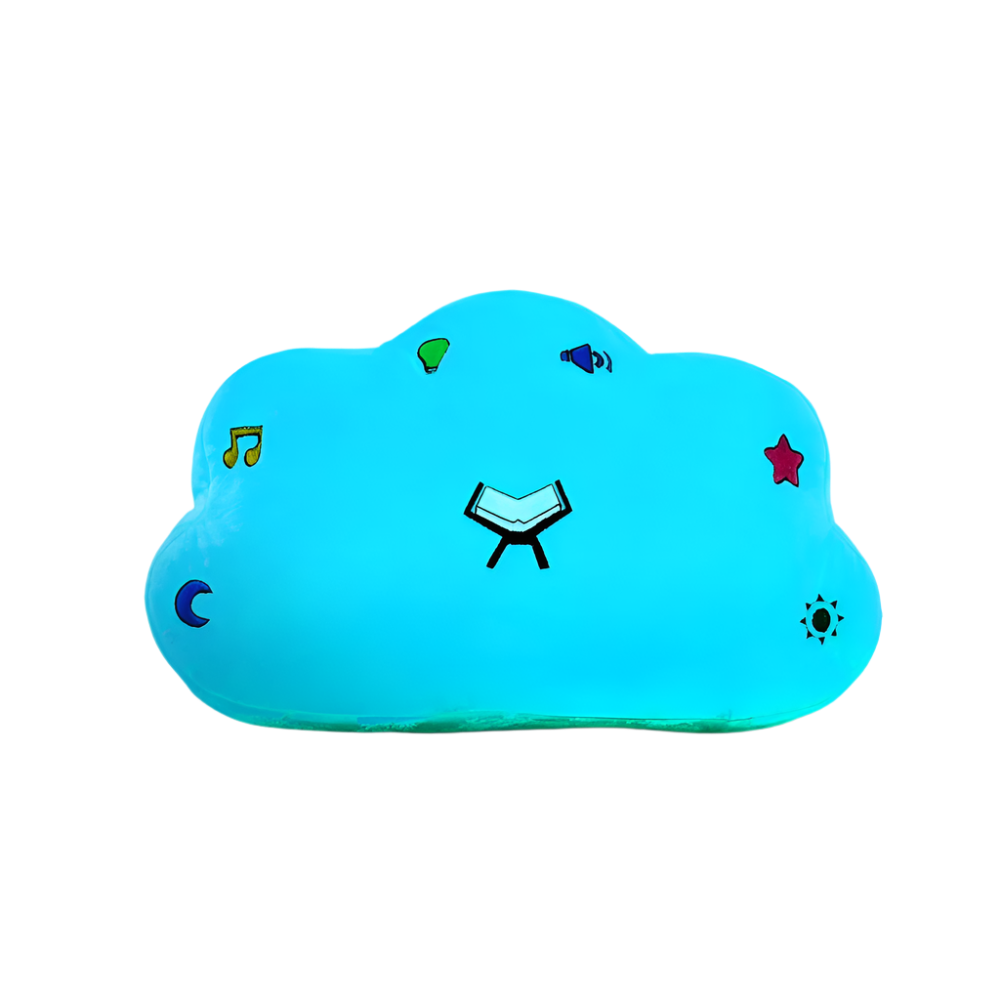 Blue Quran Duaa pillow speaker for kids, designed to provide a calming Islamic bedtime experience with beautiful duaas and soft comfort.