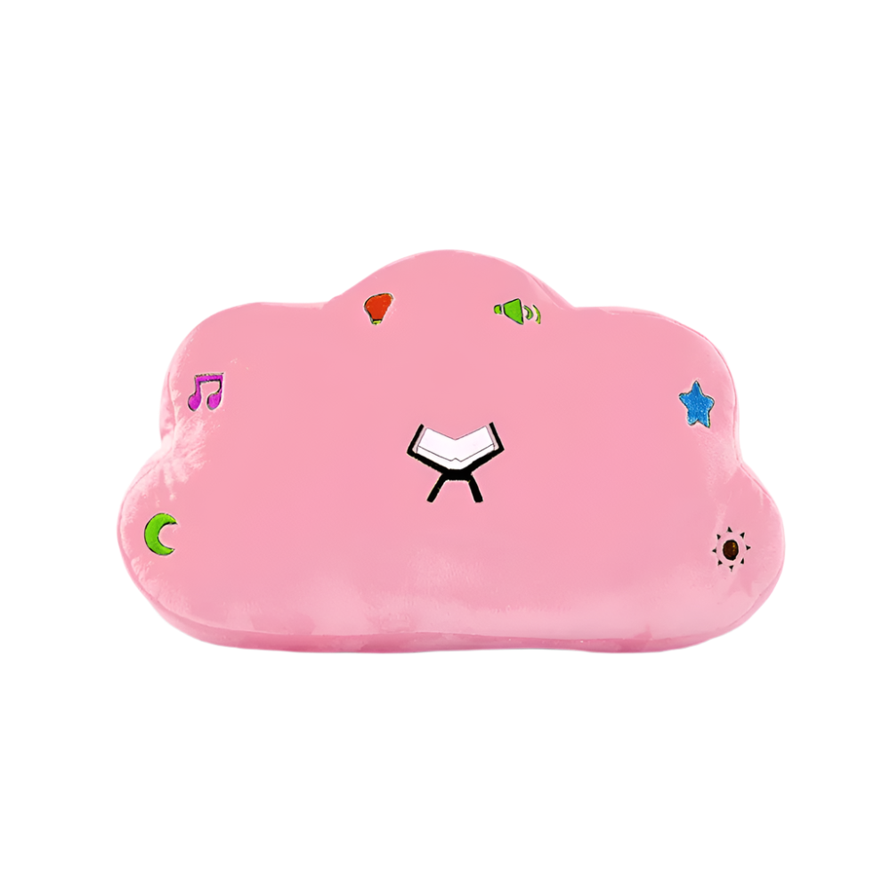 Pink Quran Duaa pillow speaker for kids, a comforting Islamic bedtime companion that helps children relax and listen to soothing duaas.