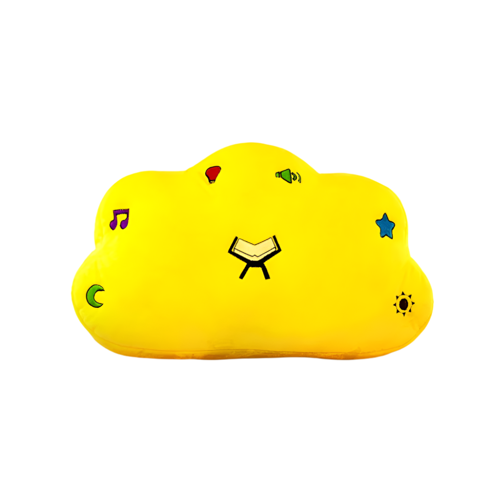 Yellow Quran Duaa pillow speaker for kids, perfect for a peaceful Islamic bedtime, featuring soothing duaas and a soft, comfy design.