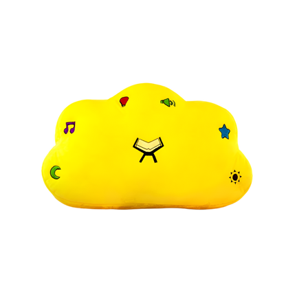 Yellow Quran Duaa pillow speaker for kids, perfect for a peaceful Islamic bedtime, featuring soothing duaas and a soft, comfy design.