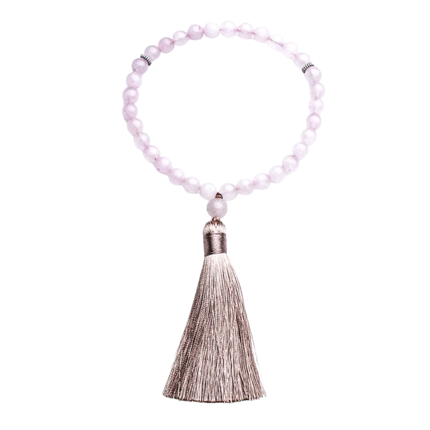 33-bead Rose Quartz tasbih with transparent background showing full strand