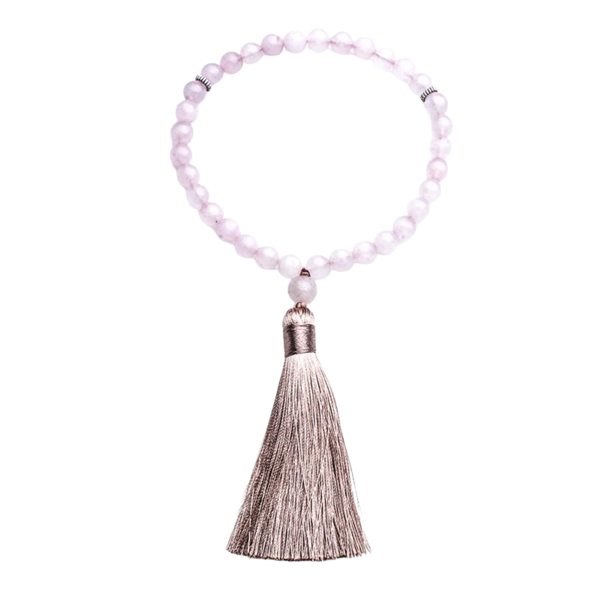 33-bead Rose Quartz tasbih with transparent background showing full strand