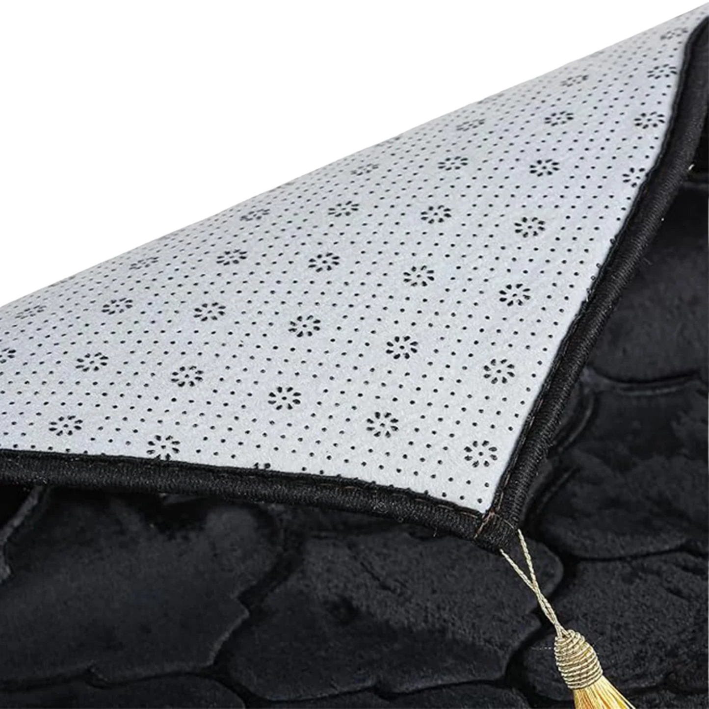 Close-up of rug corner showing the underside texture