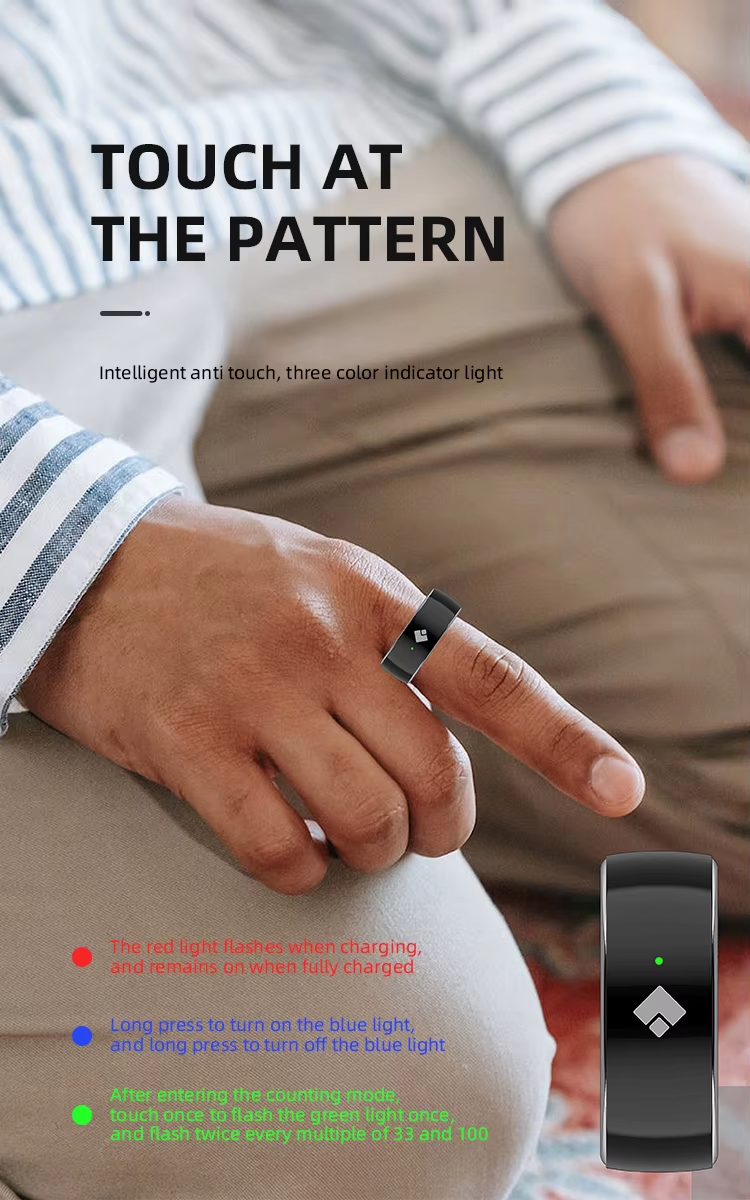Smart Tasbih Counter Stainless Steel Ring featuring a three-color light indicator for easy tracking.