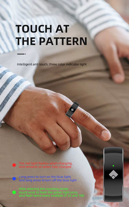 Smart Tasbih Counter Stainless Steel Ring featuring a three-color light indicator for easy tracking.